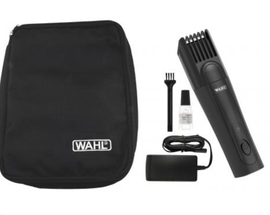 Wahl Cordless Barber Trim clippers with blade oil, cleaning brush, charging Cable, and Soft Storage Case.