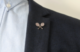 Silver Tennis Racquet Lapel Pin on a Blue Jacket and light blue dress shirt